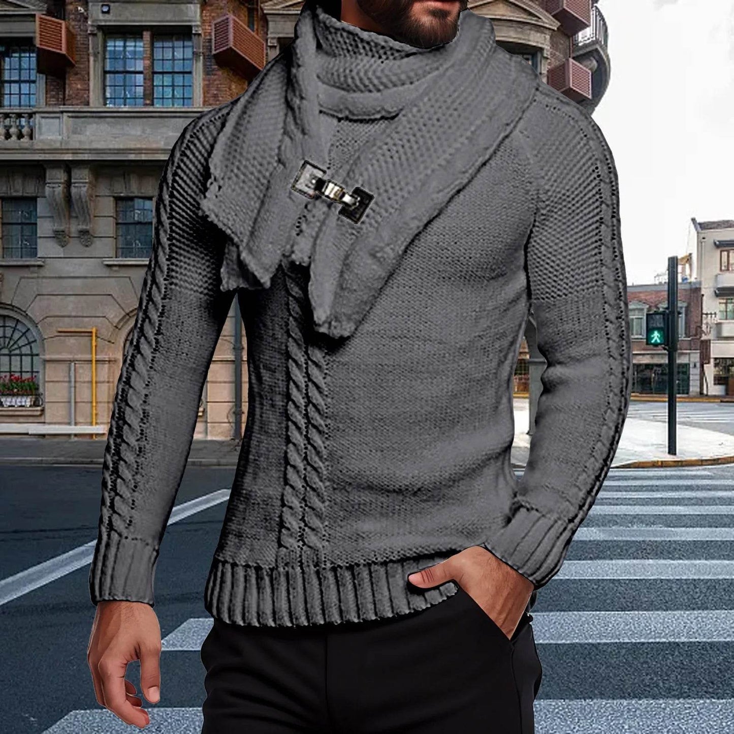 Men's Autumn Winter O-Neck Thermal Sweater & Scarf Set - Casual Layers - Buy Center US