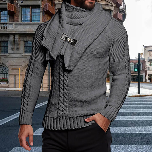 Men's Autumn Winter O-Neck Thermal Sweater & Scarf Set - Casual Layers - Buy Center US