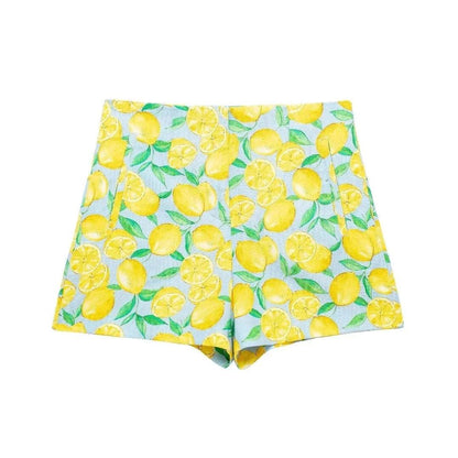 TRAFZA Lemon Print Summer Shorts Set - Casual Lace-up Blouse & Shorts - Buy Center US