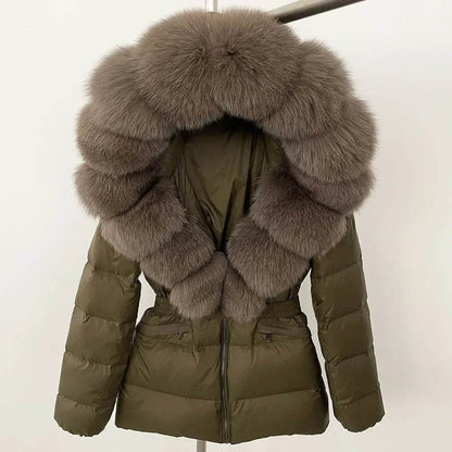 Women's Hooded White Duck Down Coat - Real Raccoon Fur Collar - Buy Center US