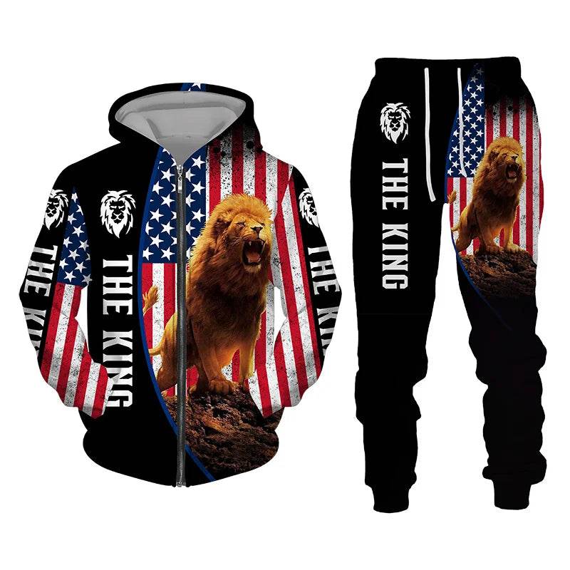 Men's 3D Lion Print Tracksuit - Casual Zipper Hoodie & Pants Set - Buy Center US