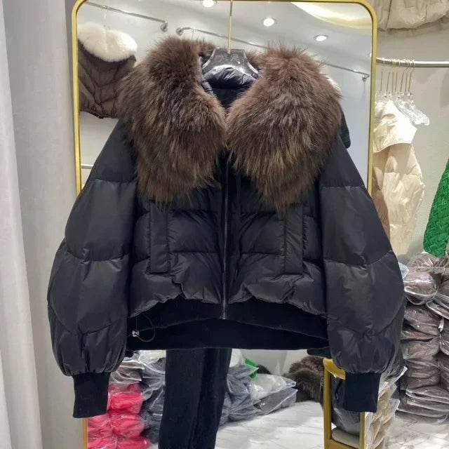 Women's Winter Down Jacket - Cropped Style with Fox Fur Collar - Buy Center US