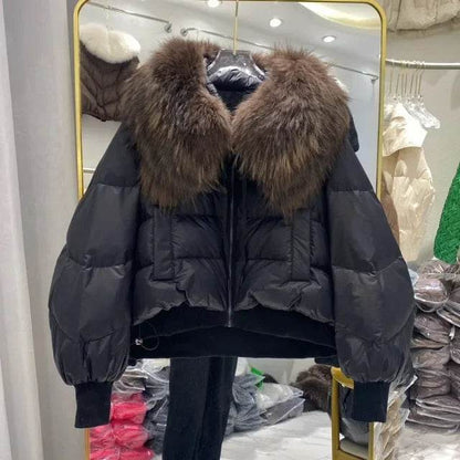 Women's Winter Down Jacket - Cropped Style with Fox Fur Collar - Buy Center US