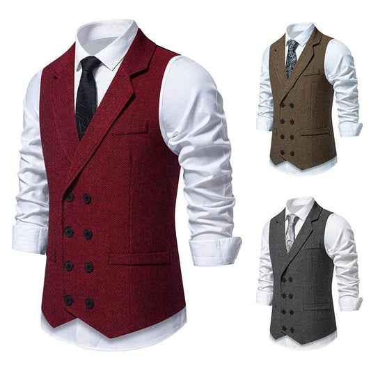 Men's Double Breasted Herringbone Vest - Casual Formal Suit Option - Buy Center US