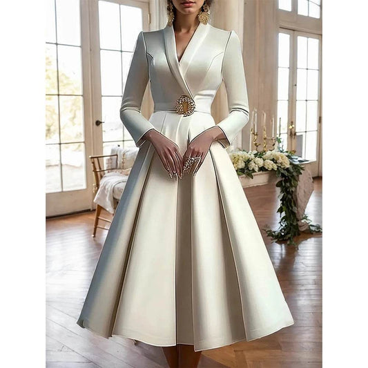 Elegant Women's V-Neck Midi Dress - Long Sleeve Pleated Design - Buy Center US