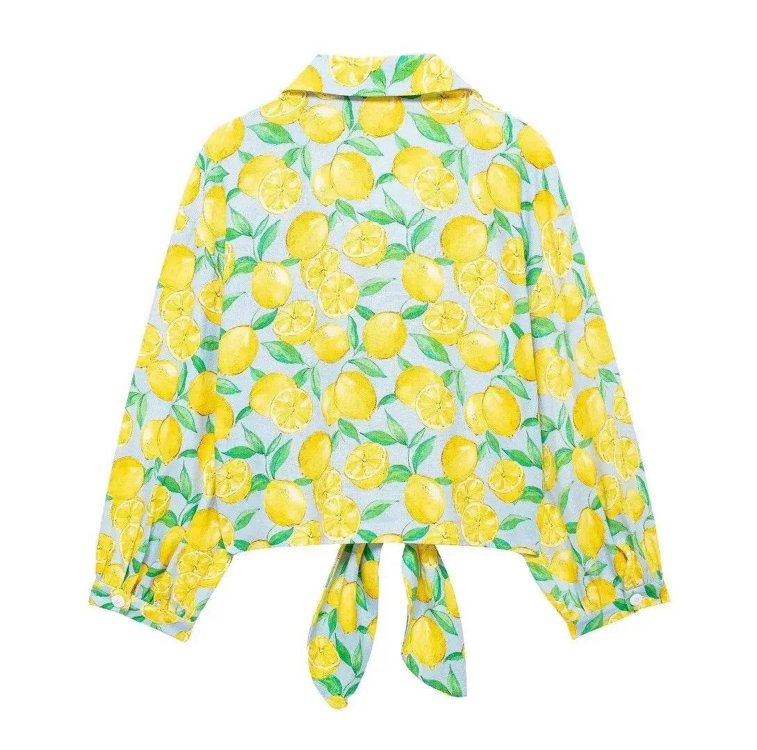 2024 ZAR4 Women's Linen Lemon Print Knot Short Shirt & High-Waist Shorts - Buy Center US