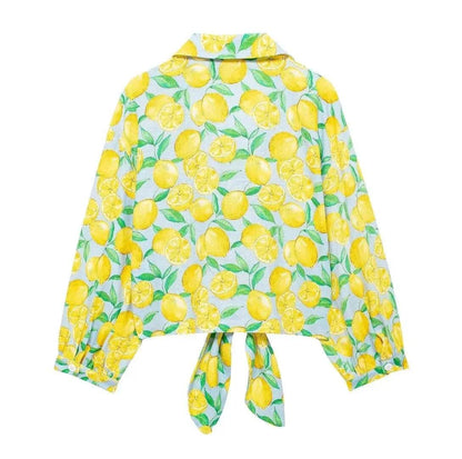 2024 ZAR4 Women's Linen Lemon Print Knot Short Shirt & High-Waist Shorts - Buy Center US