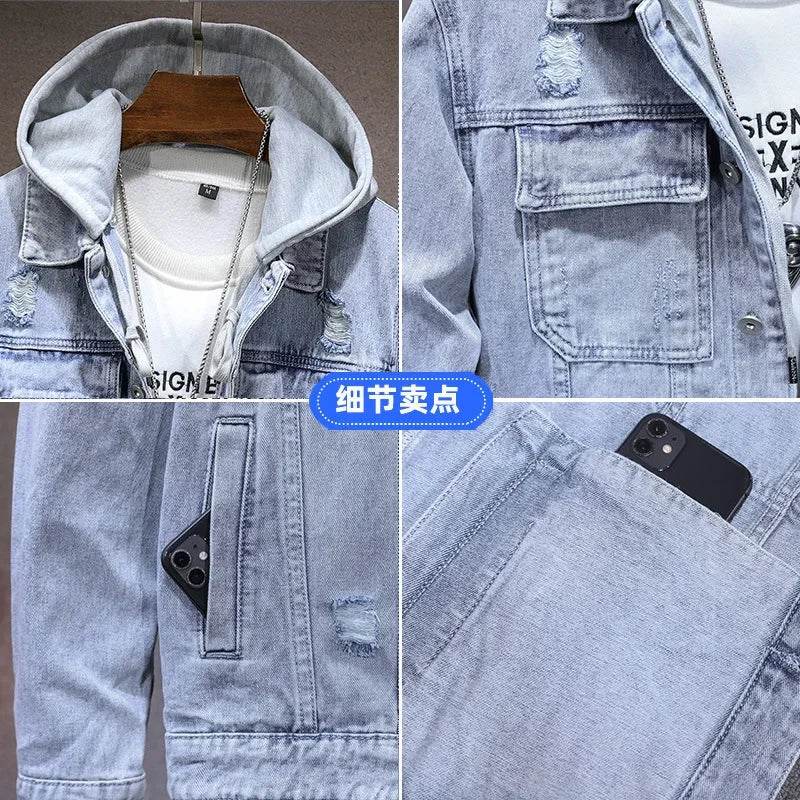 WQAFVG Men's Casual Denim Jacket - Light Blue, Detachable Hooded Design - Buy Center US