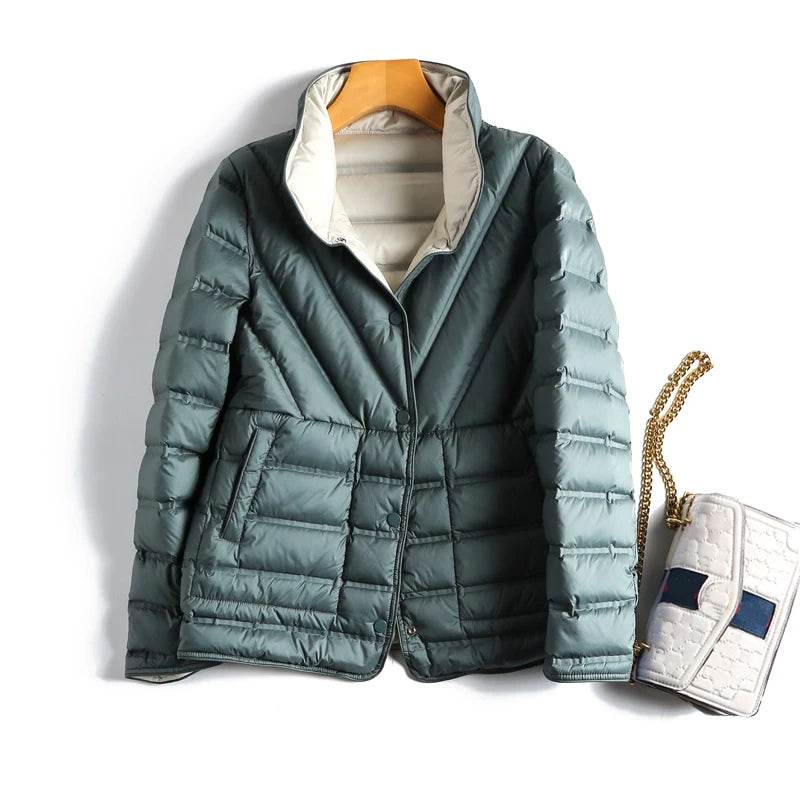 Women's Double Sided Puffer Jacket - 90% White Duck Down Warmth - Buy Center US