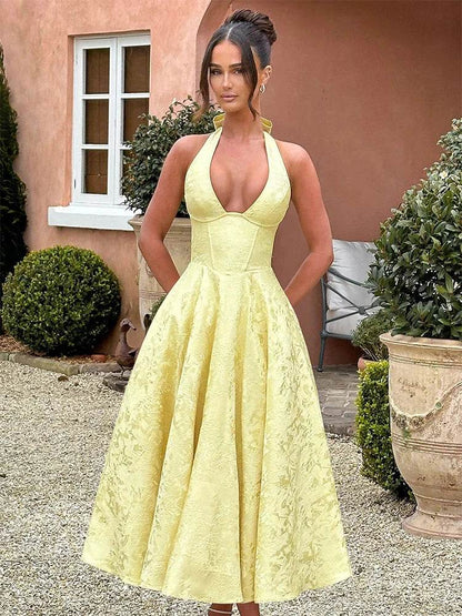 HIZILENT Elegant Deep V-Waist Dress - Sleeveless Floral A-Line Style - Buy Center US