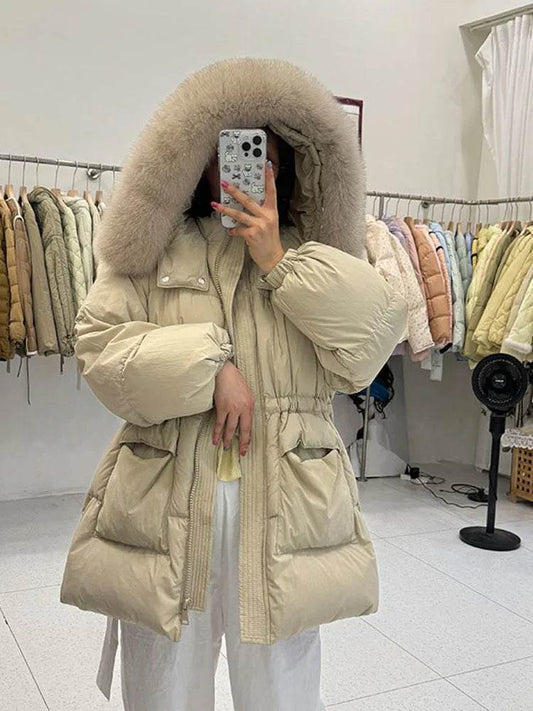 LAJWMPLX Women’s Winter Puffer Coat - Real Raccoon Fur Hood, Waterproof - Buy Center US