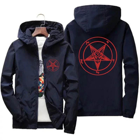Men's Pentagram Hooded Windbreaker Jacket - Baphomet Design, Autumn Style - Buy Center US