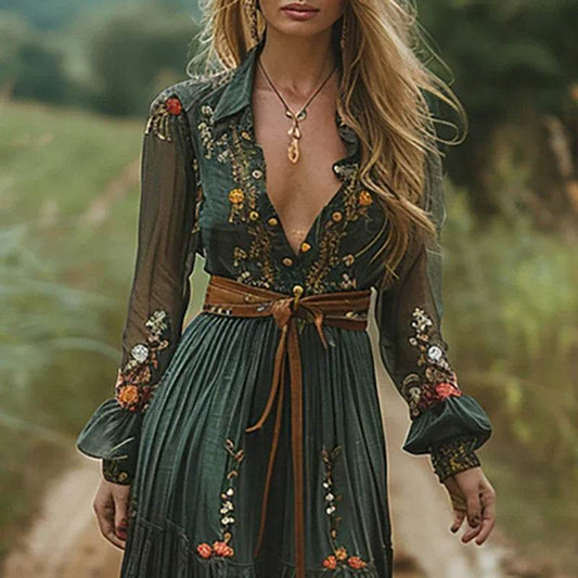 Ethnic Retro Floral Print Long Dress - Women’s Party Pleated A-Line - Buy Center US