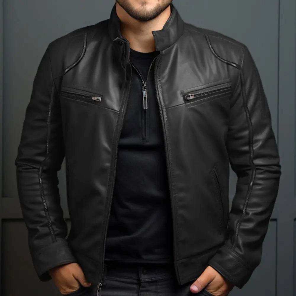 Donsignet Men's Biker Leather Jacket - Casual Stand-up Collar Design - Buy Center US