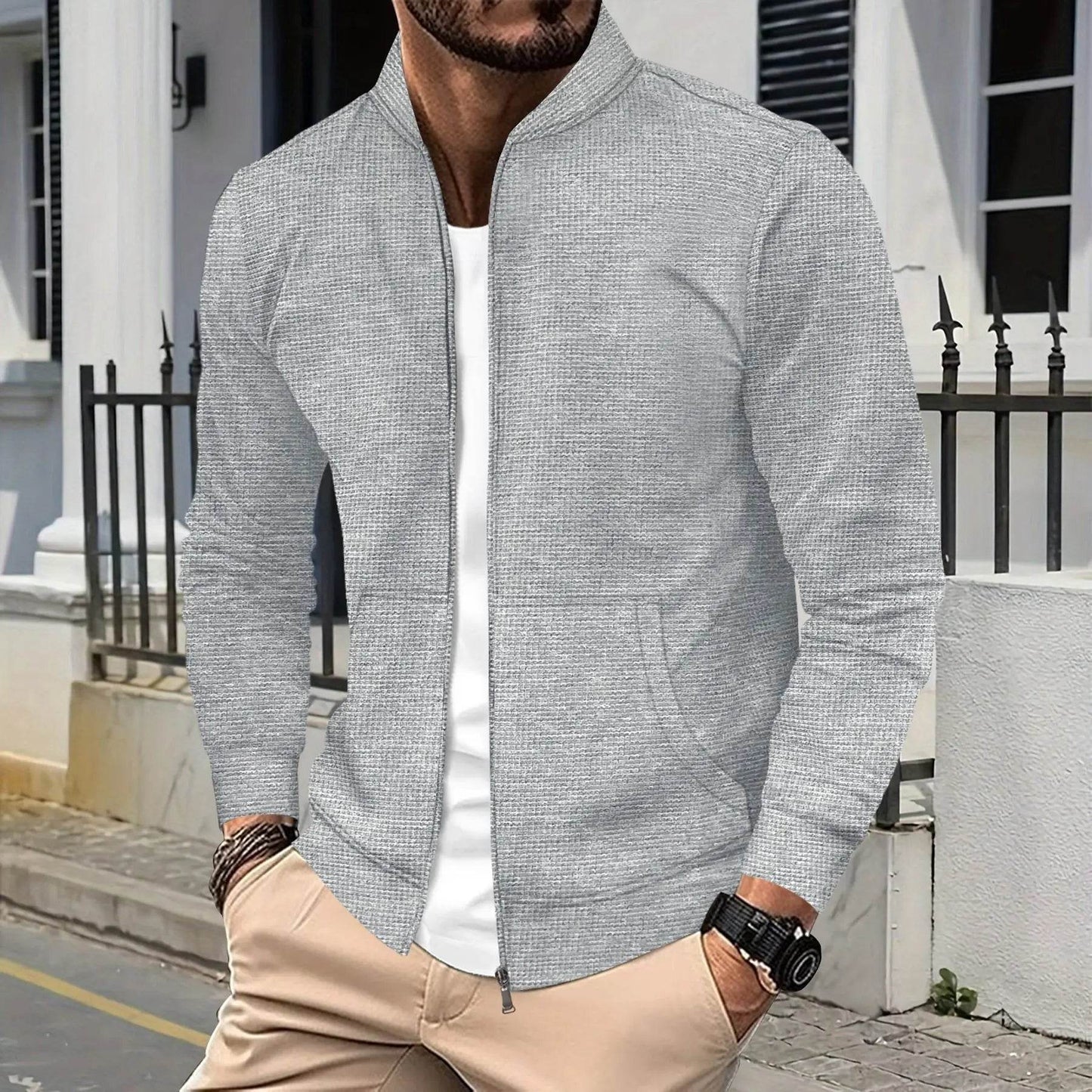 Boilen Heng Xin Men's Casual Waffle Jacket - Zippered Solid Color Coat - Buy Center US