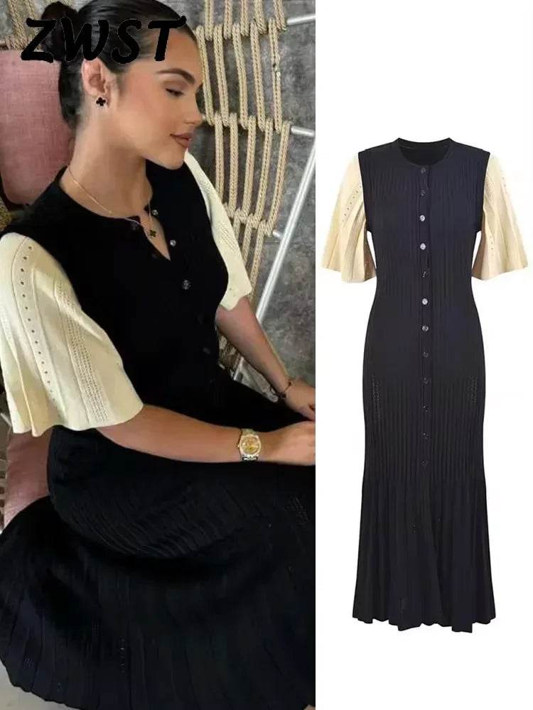 Elegant Knit Dress for Women - Ankle-Length Short Sleeve O-Neck - Buy Center US