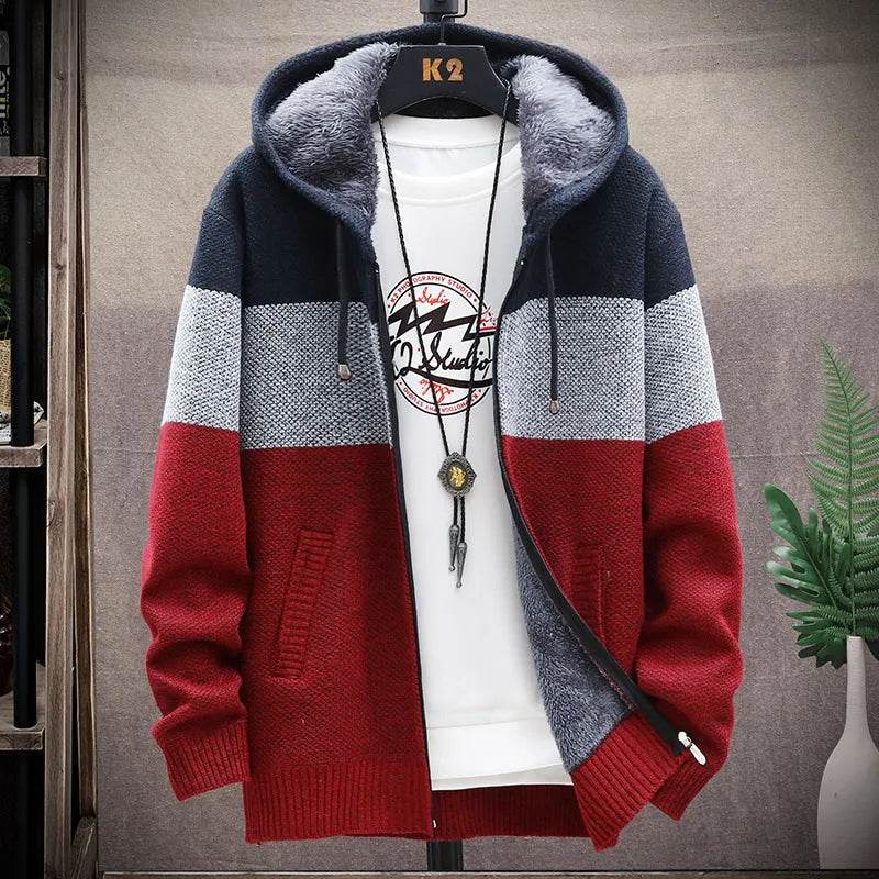 SNOW PINNACLE Men's Thick Velvet Cardigan: Patchwork Zipper Sweatercoat - Buy Center US
