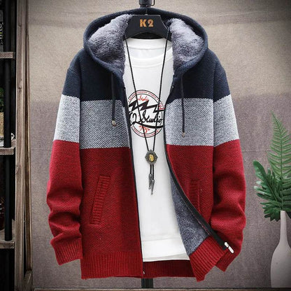 SNOW PINNACLE Men's Thick Velvet Cardigan: Patchwork Zipper Sweatercoat - Buy Center US