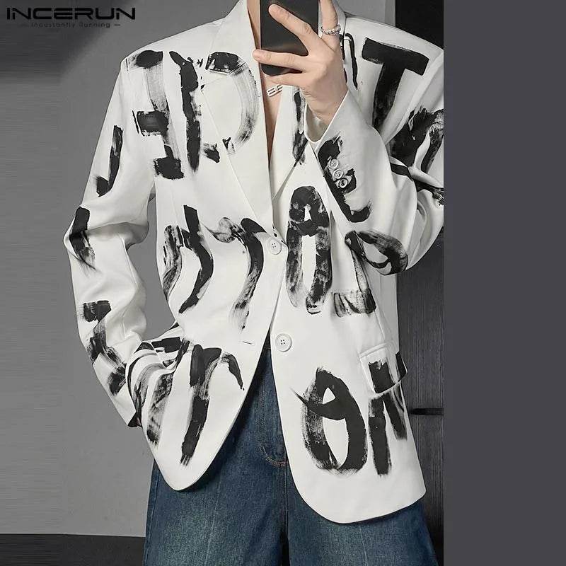 INCERUN Men's Casual Hand-Drawn Letter Design Blazer - Stylish Lapel Jacket - Buy Center US