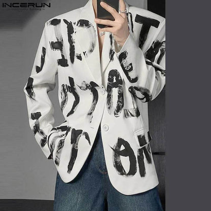 INCERUN Men's Casual Hand-Drawn Letter Design Blazer - Stylish Lapel Jacket - Buy Center US