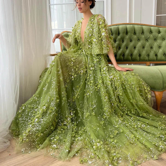 Sharon Said Green 3D Embroidered V-neck Evening Dress for Women - Buy Center US
