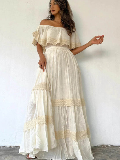 Elegant Floral Print V-Neck Maxi Dress for Women - Flared Sleeves - Buy Center US