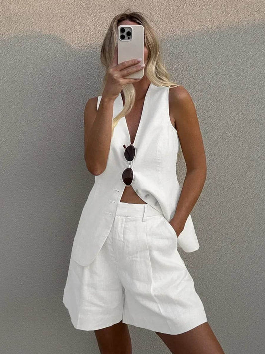 Orinchic Women's Summer Cotton Linen Vest & Shorts Set - Casual Chic - Buy Center US