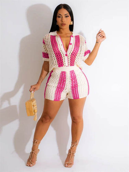 JRRY Sexy Women Knitted Beach Set - Turn Down Collar, Hollow Out - Buy Center US