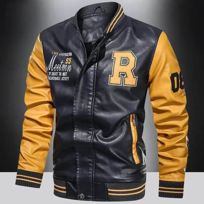 LANE Men's Casual PU Leather Motorcycle Jacket - Color Block Design - Buy Center US