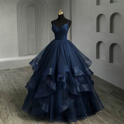 Y&M NOVIAS Navy Blue Quinceanera Dress - Ruffled V-Neck Gown - Buy Center US