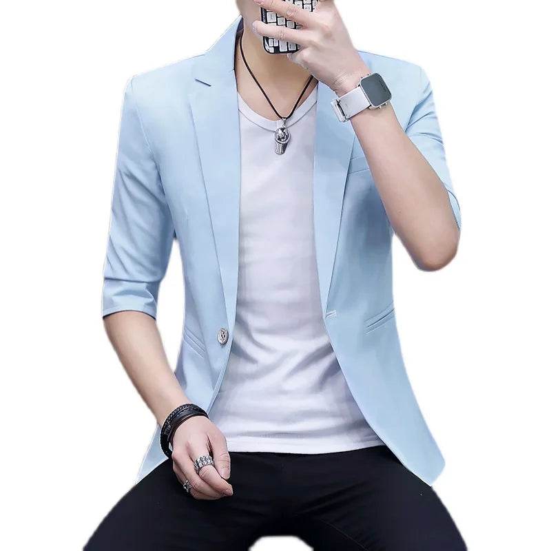 FAVOCENT Summer Silk Solid Color Blazer - 3/4 Sleeve Formal Suit for Men - Buy Center US