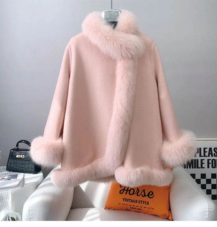 Elegant Real Fox Fur Collar Coat - Women's Wool Cloak for 2024 - Buy Center US
