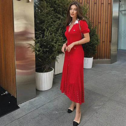 Jadoutin Elegant Knitted Dress for Women - Short Sleeve V-Neck - Buy Center US