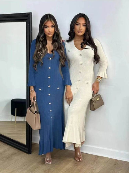 Elegant Women's Long Dress - Flare Sleeve V-Neck Ruffles Style - Buy Center US