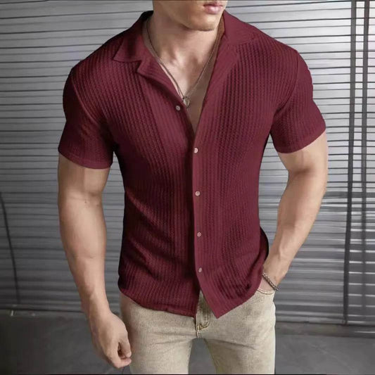 Casual Slim Fit Men's Shirt - Short Sleeved Solid Striped Spring Summer Top - Buy Center US