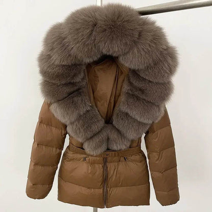 Women's Hooded White Duck Down Coat - Real Raccoon Fur Collar - Buy Center US