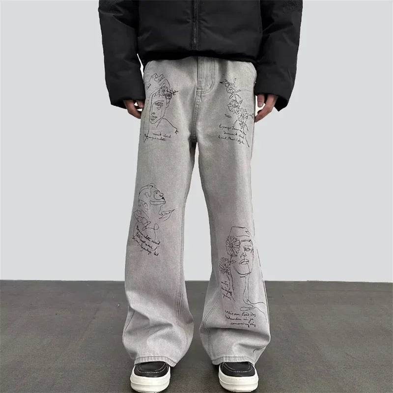 American Retro Graffiti Jeans for Men - Baggy Y2K Streetwear Style - Buy Center US