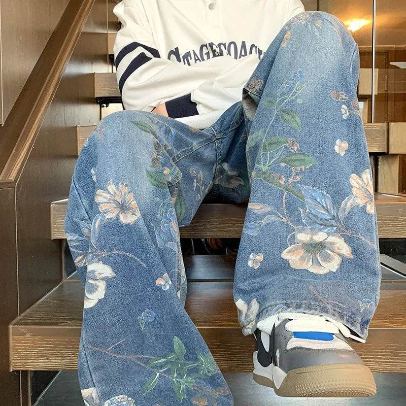Y2K Vintage Floral Printed Jeans for Men - Baggy Wide-Leg Streetwear - Buy Center US