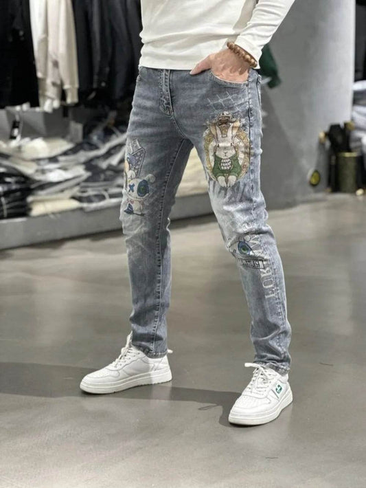 Men's Slim Fit Light Blue Denim Jeans - Luxury Rabbit Print Design - Buy Center US