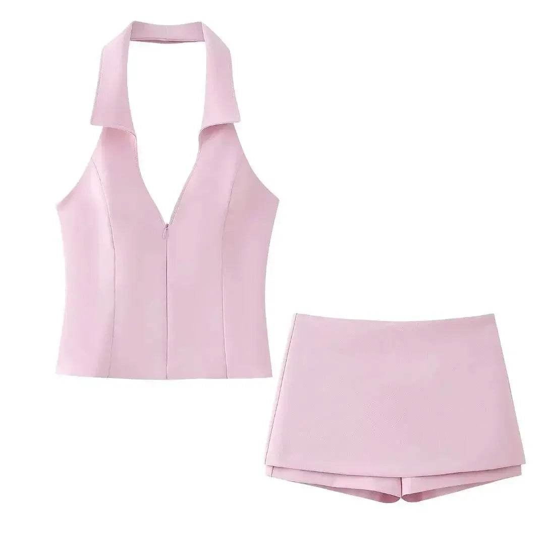 Women's Pink Shorts Set - Sexy V Neck Sleeveless Top for Summer - Buy Center US