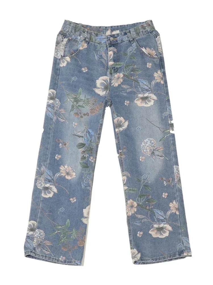 Y2K Vintage Floral Printed Jeans for Men - Baggy Wide-Leg Streetwear - Buy Center US