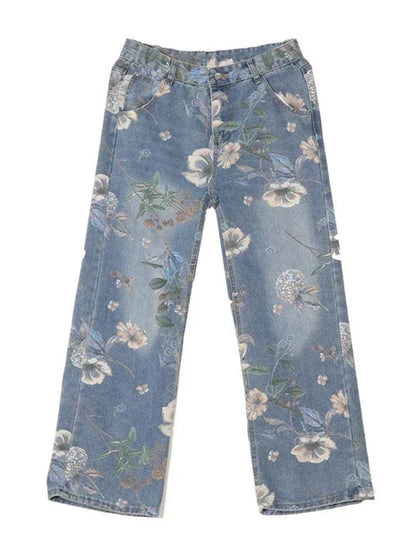 Y2K Vintage Floral Printed Jeans for Men - Baggy Wide-Leg Streetwear - Buy Center US
