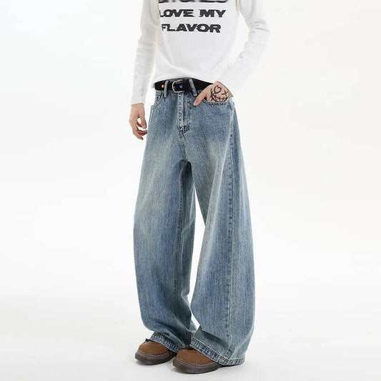 Classic Blue Washed Men's Denim Pants - Casual Loose Fit Trousers - Buy Center US