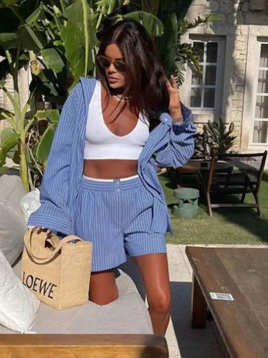 2024 Summer Casual Striped Shirt & High Waist Shorts Set for Women - Buy Center US