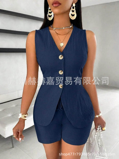 Women's Elegant Commuter Shorts Set - V-Neck Sleeveless Top & Shorts - Buy Center US