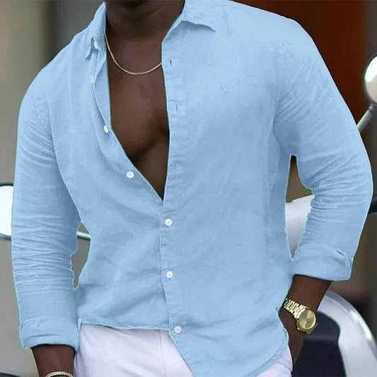 Casual Cotton Linen Mens Shirt - Loose Fit Turn-Down Collar, Long Sleeve - Buy Center US