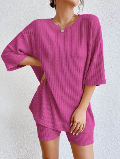Casual Women’s Spring/Summer Two-Piece Set - O Neck Top & Shorts - Buy Center US