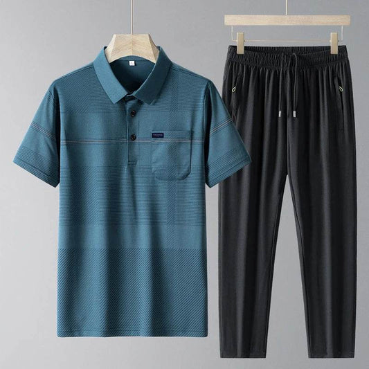 Simplicity Summer Ice Silk Pants & Polo Set - Casual Men's Drawstring - Buy Center US