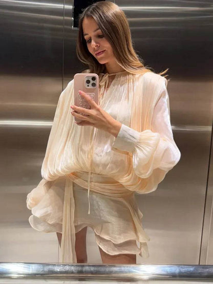 Chic Women's Ruffles Short Dress - Elegant Round Neck, Mini Style - Buy Center US