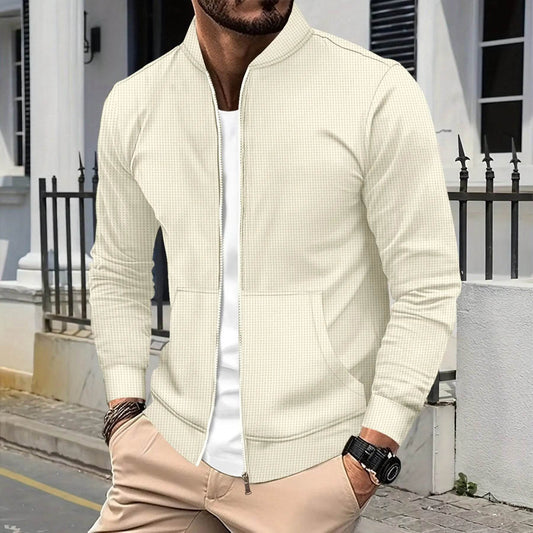 Boilen Heng Xin Men's Casual Waffle Jacket - Zippered Solid Color Coat - Buy Center US